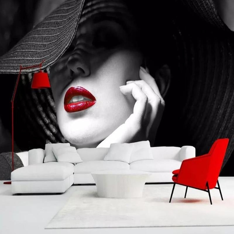 Black and white fashion mural with red accent in elegant dressing room setting