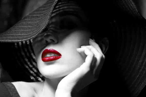 Fashion wall mural design file showing detailed black and white portrait with striking red lips