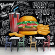 Burger restaurant wallpaper in modern dining room showing chalkboard design with white illustrations