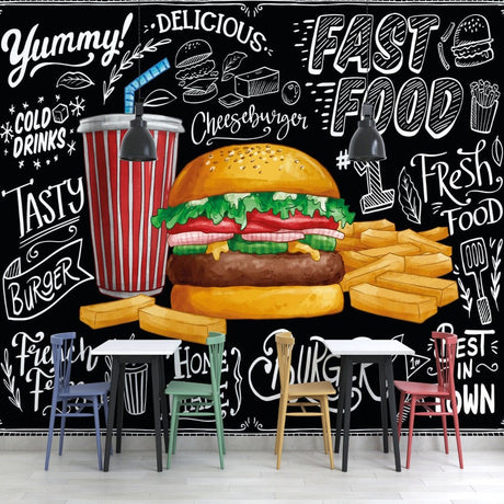 Burger restaurant wallpaper in modern dining room showing chalkboard design with white illustrations