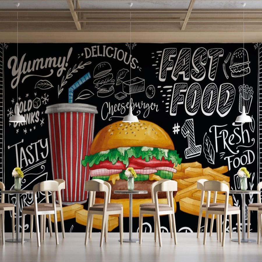 Fast food wall mural displayed in cafe entrance featuring chalk-style burger artwork