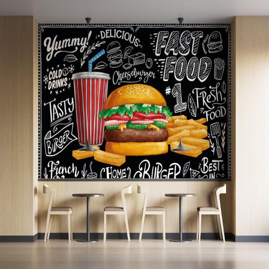 Restaurant wall mural in food court showing black and white burger illustration