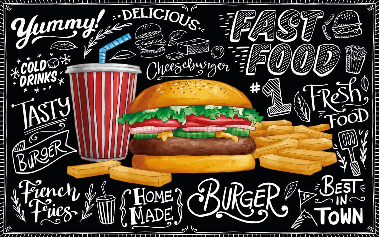 Chalkboard burger design file with detailed white illustrations on black background