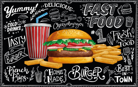 Chalkboard burger design file with detailed white illustrations on black background