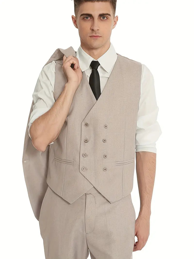Classic Three Piece Suit Beige Double-Breasted Design - Detailed view