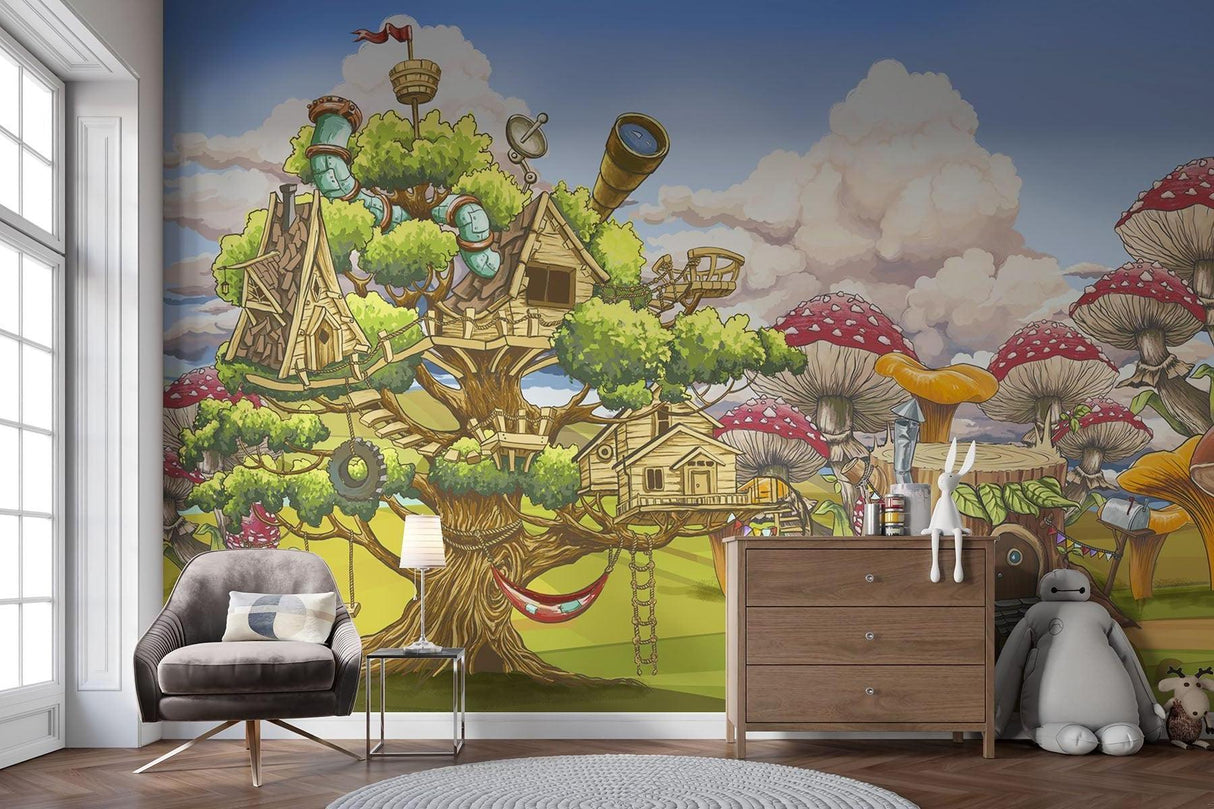Papier Peint Mural Cabane Fantaisie | Aventure Forêt Magique aux Champignons