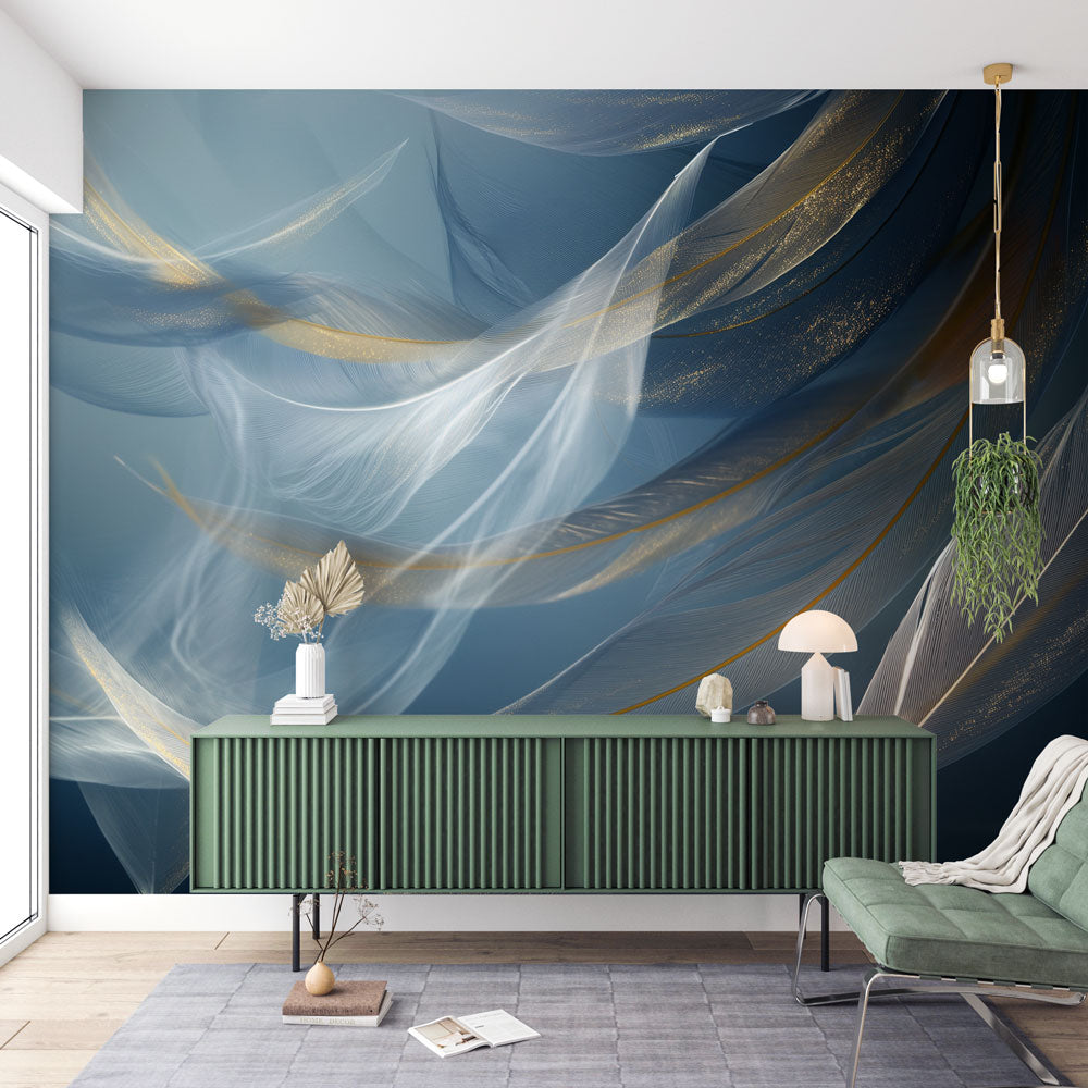 Feather wallpaper in blue and gold creating a peaceful atmosphere in a modern living room with natural light