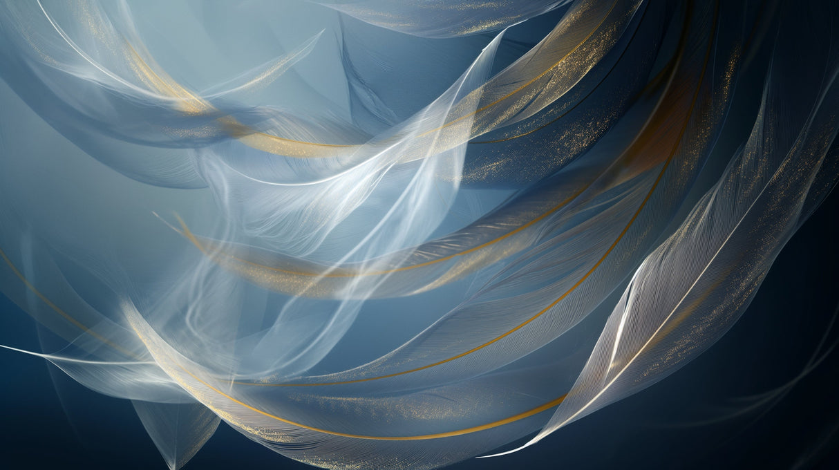 Blue and gold feather design file showing delicate pattern detail and floating plumes