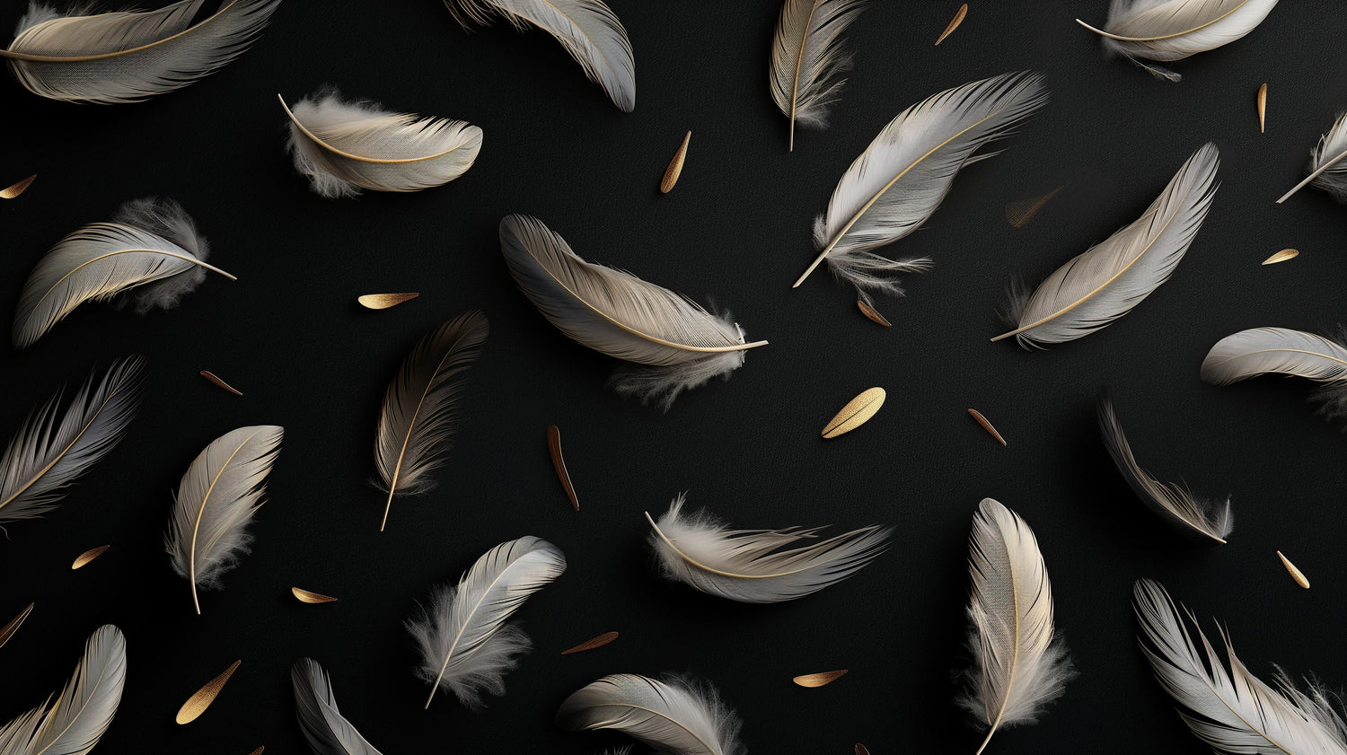 Black and gold feather pattern design file showing detailed floating plumes and metallic accents