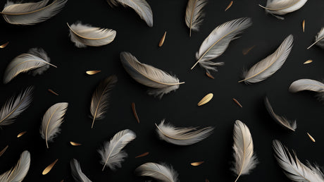 Black and gold feather pattern design file showing detailed floating plumes and metallic accents