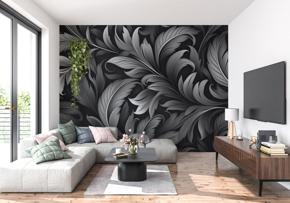 Black feather wallpaper creating dramatic impact in modern living room with grey sofa and minimal decor