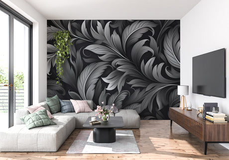 Black feather wallpaper creating dramatic impact in modern living room with grey sofa and minimal decor