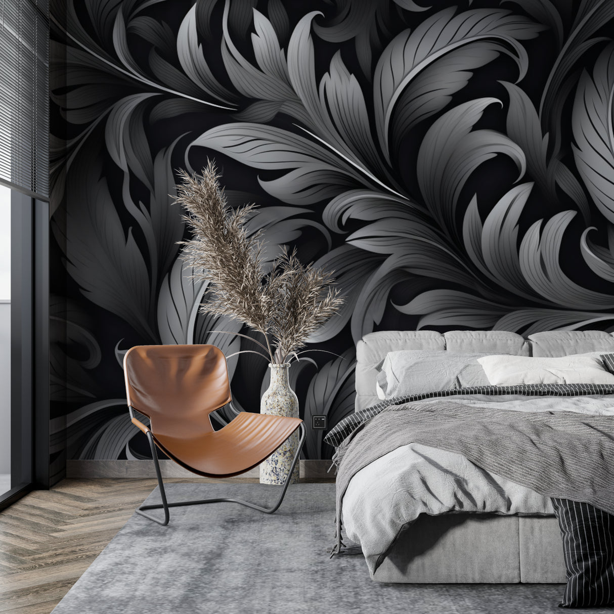 Art nouveau feather mural adding sophistication to master bedroom with dark furniture