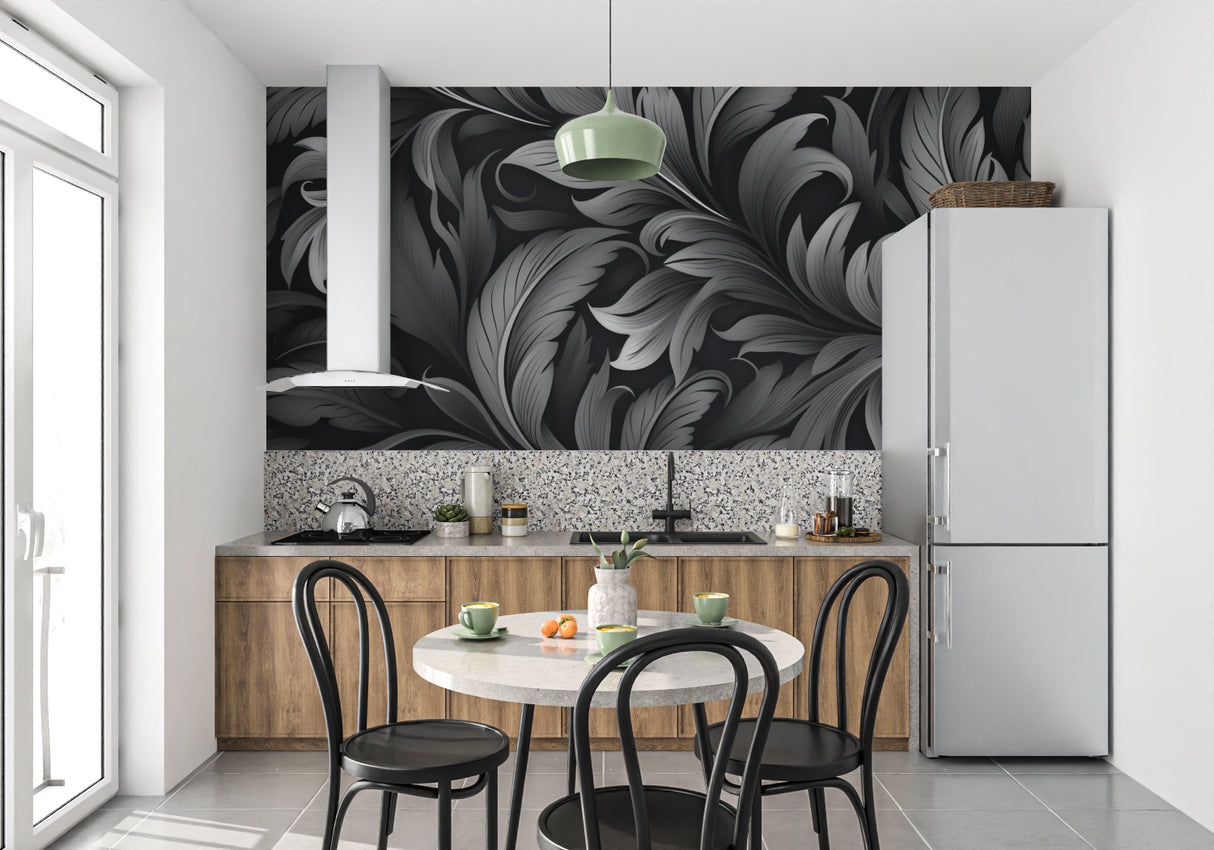 Black and grey feather wallpaper making statement in dining room with crystal chandelier