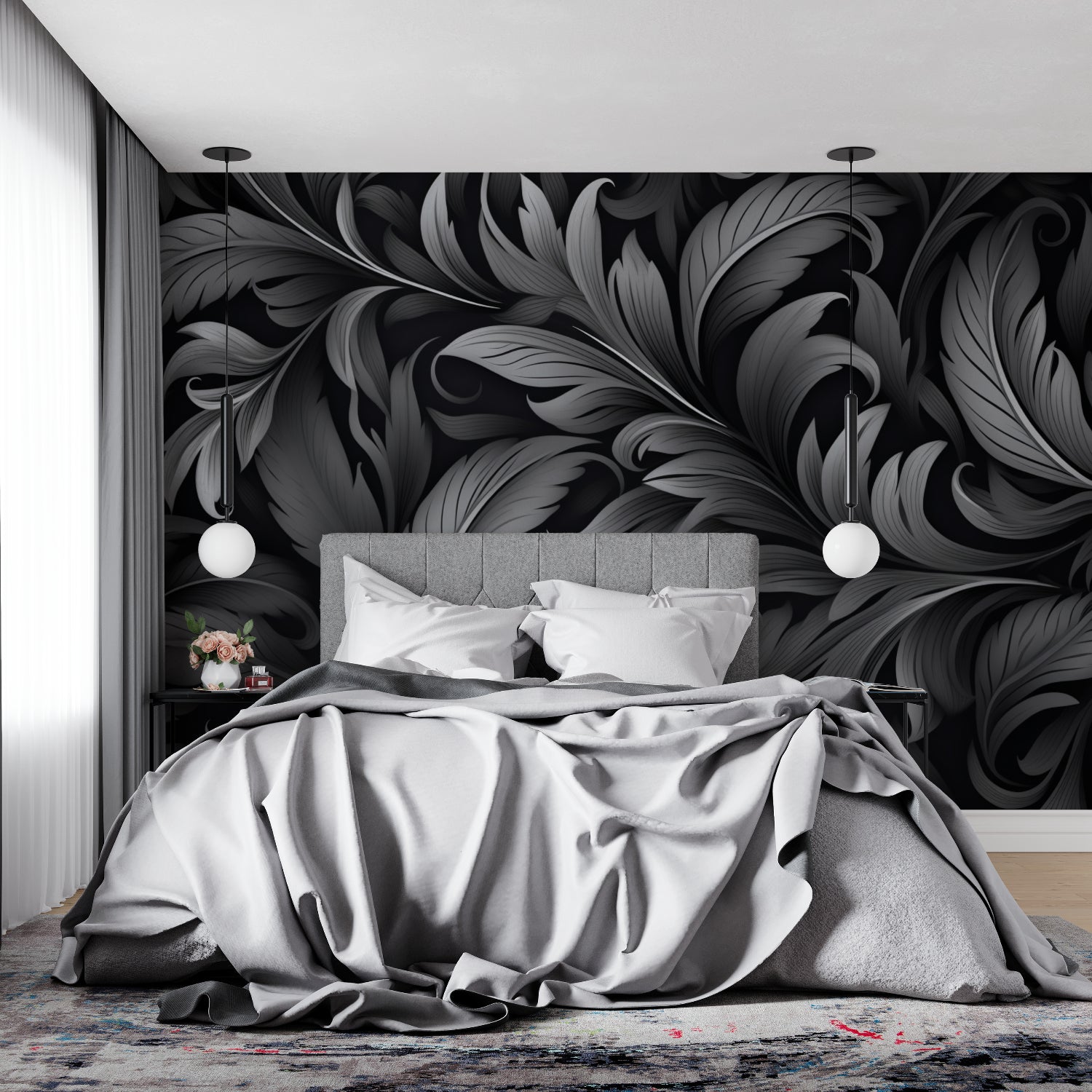 Modern feather wall mural bringing elegance to home office with black desk setup