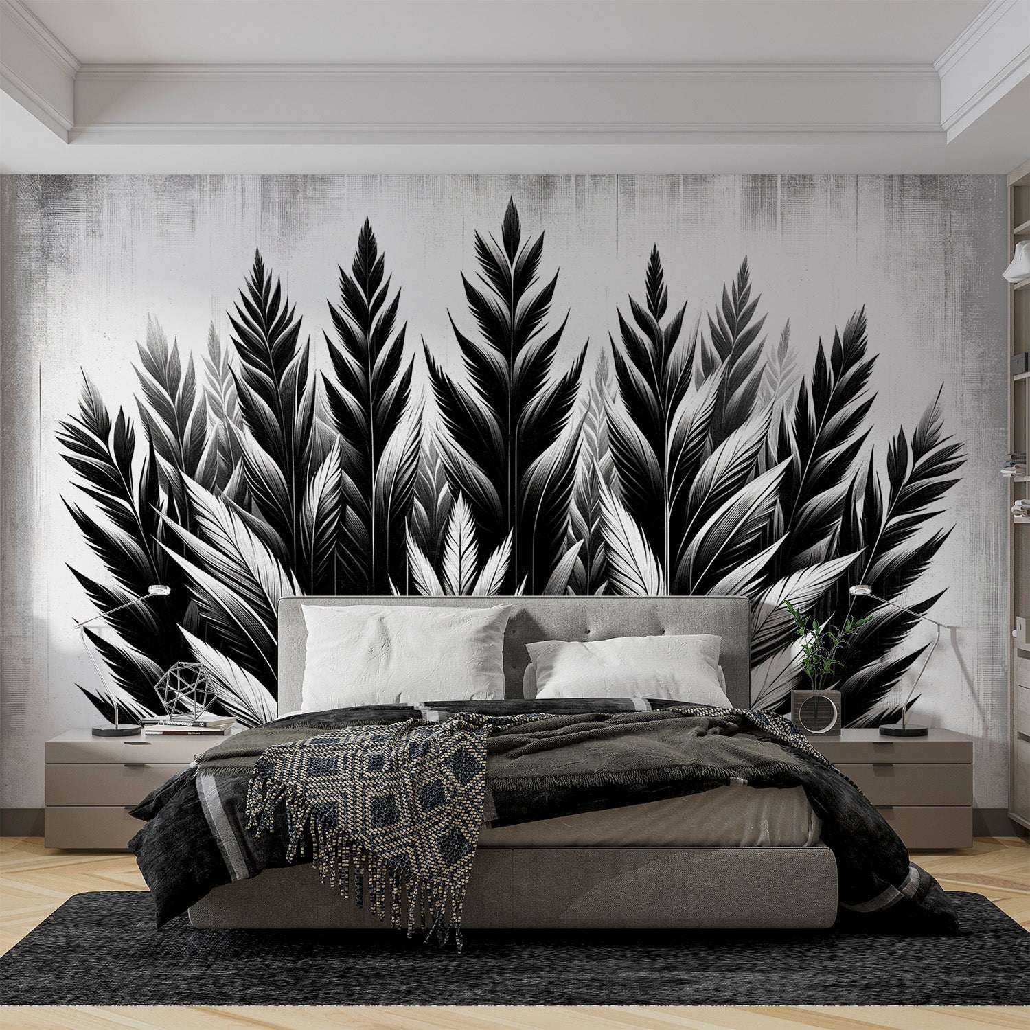 Black and white feather wallpaper mural styled in a modern living room with minimal furniture and natural light