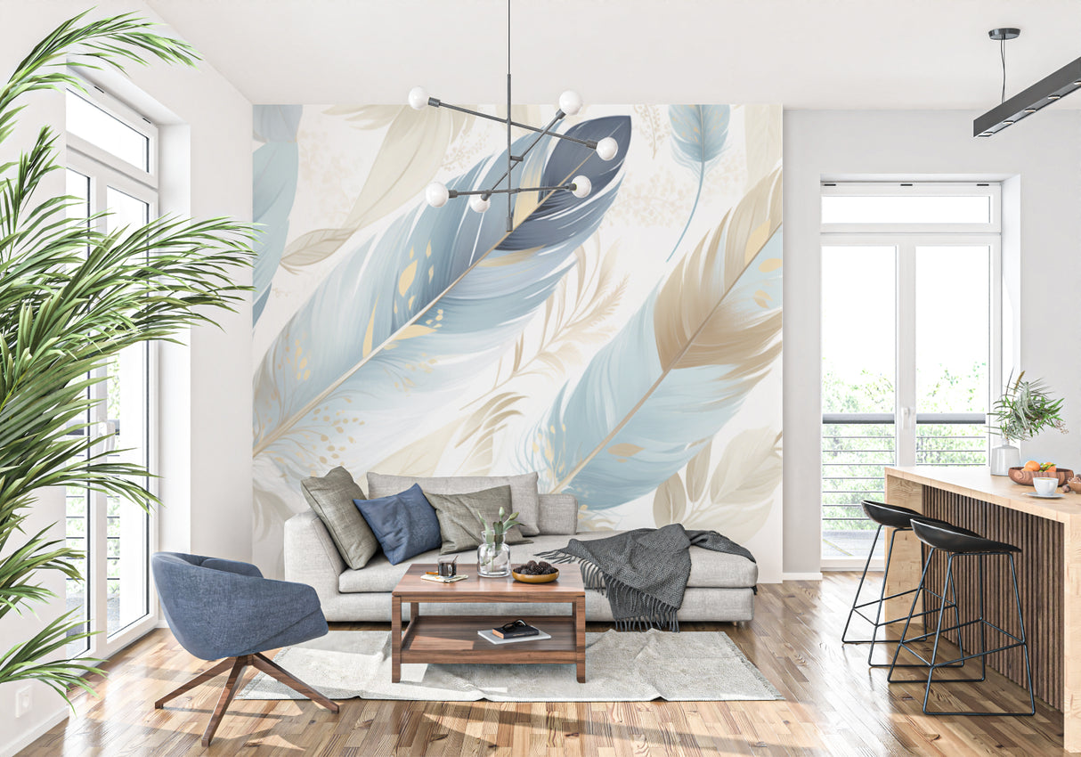 Blue and gold feather wallpaper in modern living room creating an airy, sophisticated atmosphere