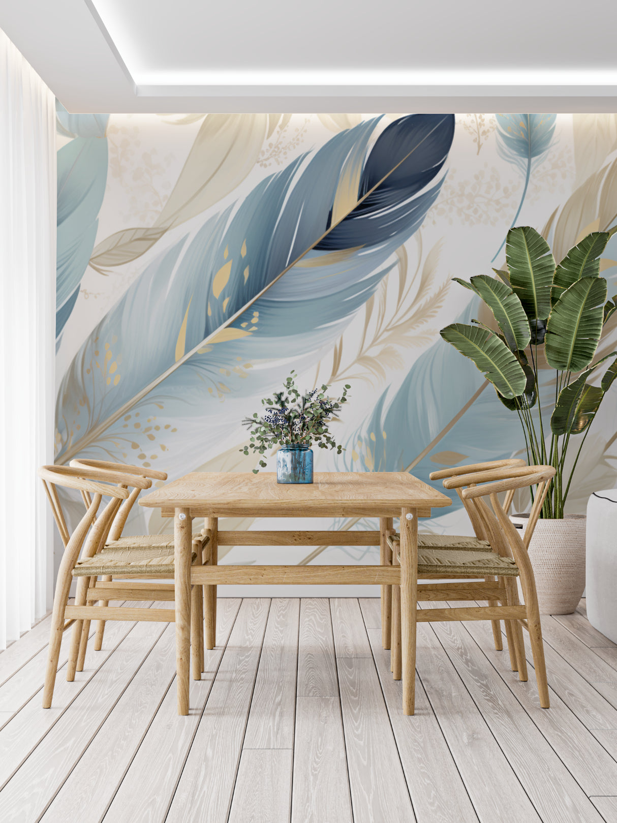 Elegant feather mural brightening a master bedroom with soft blue and gold tones