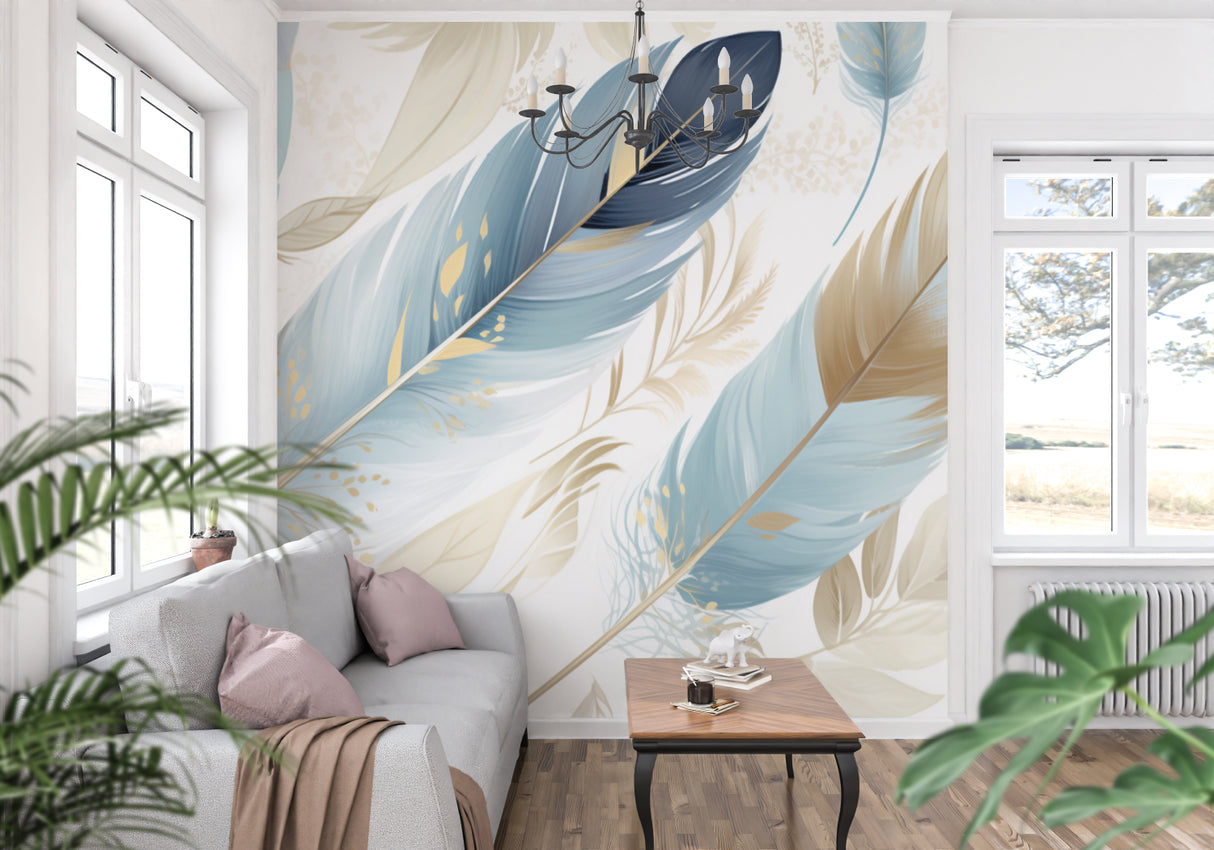 Feather wallpaper creating depth in a dining room with natural lighting