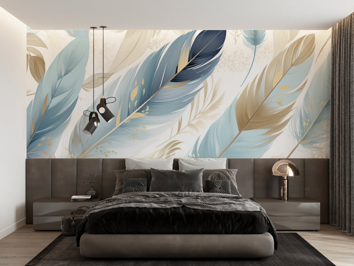 Blue and gold feathers bringing elegance to a hallway setting