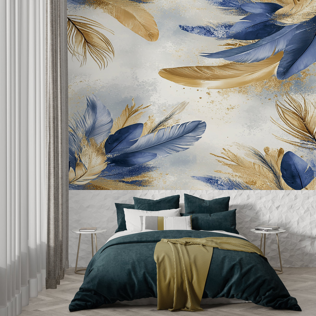Feather wallpaper in modern living room, navy blue and gold design creating elegant atmosphere