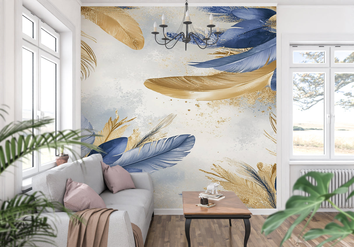 Master bedroom with blue and gold feather mural, soft lighting highlighting metallic accents