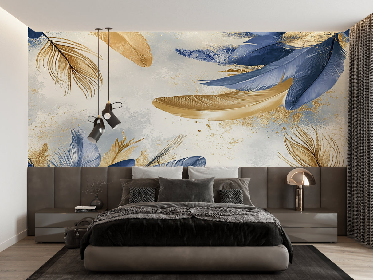 Home office featuring elegant feather wallpaper in navy and gold tones