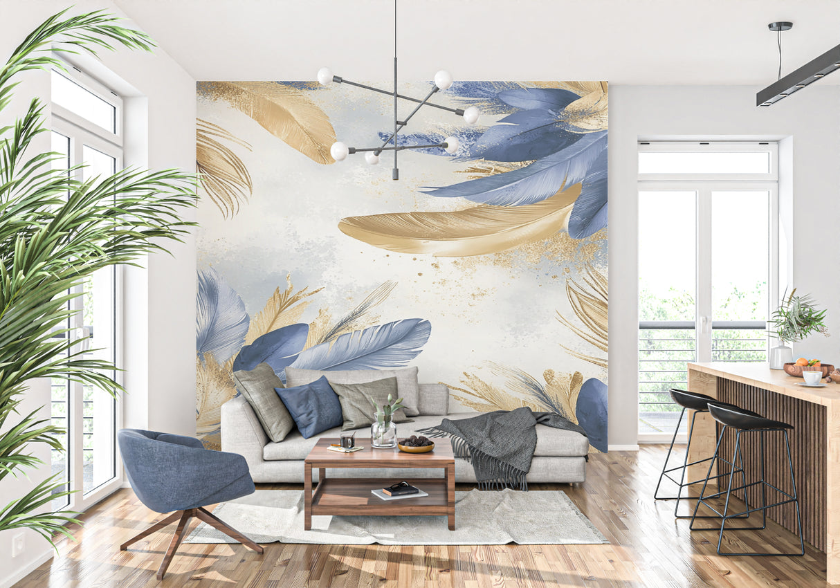 Dining room with decorative feather wall mural showing floating blue and gold plumes