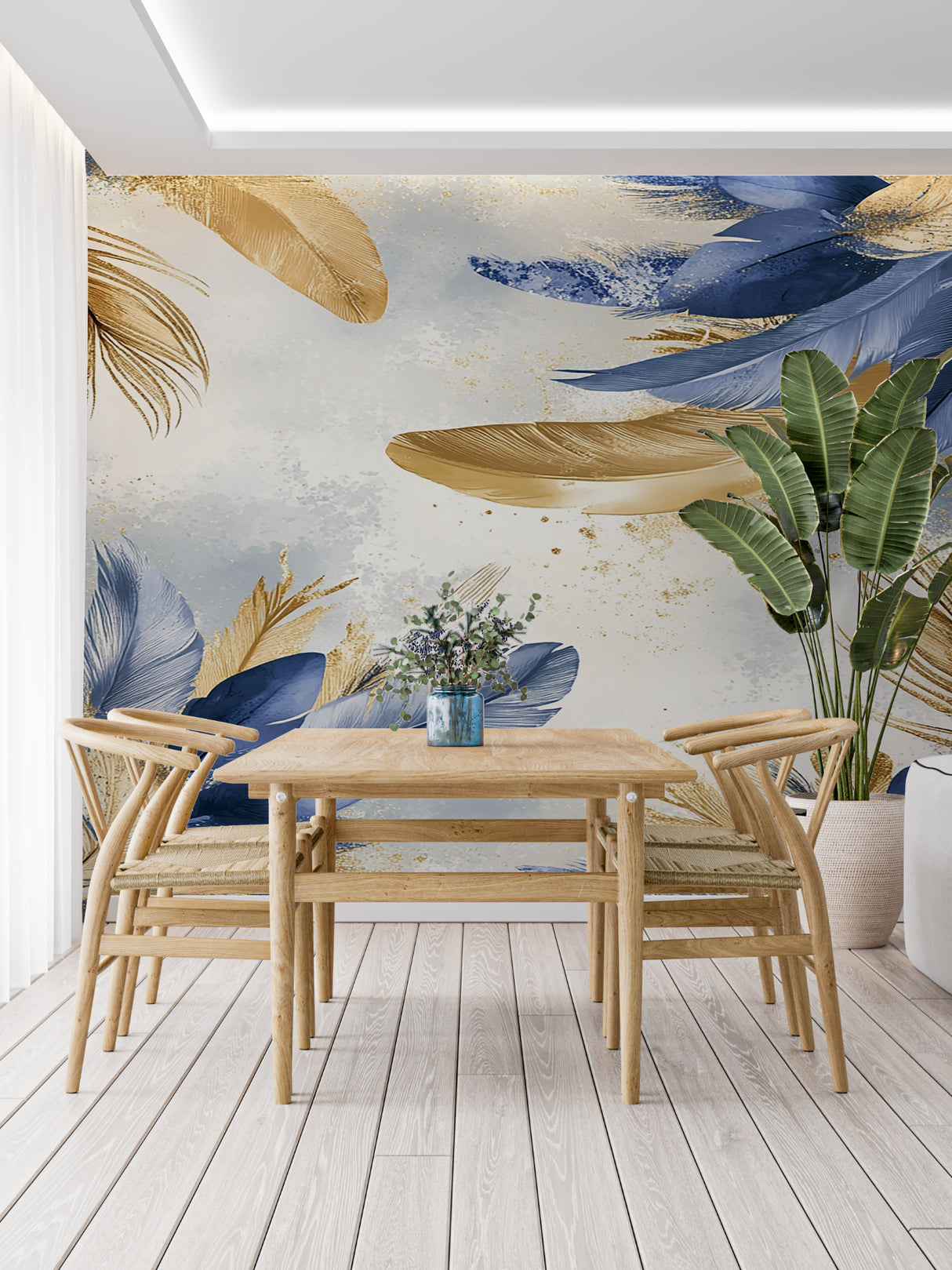 Luxury boutique interior showcasing feather pattern wallpaper in navy and metallic gold