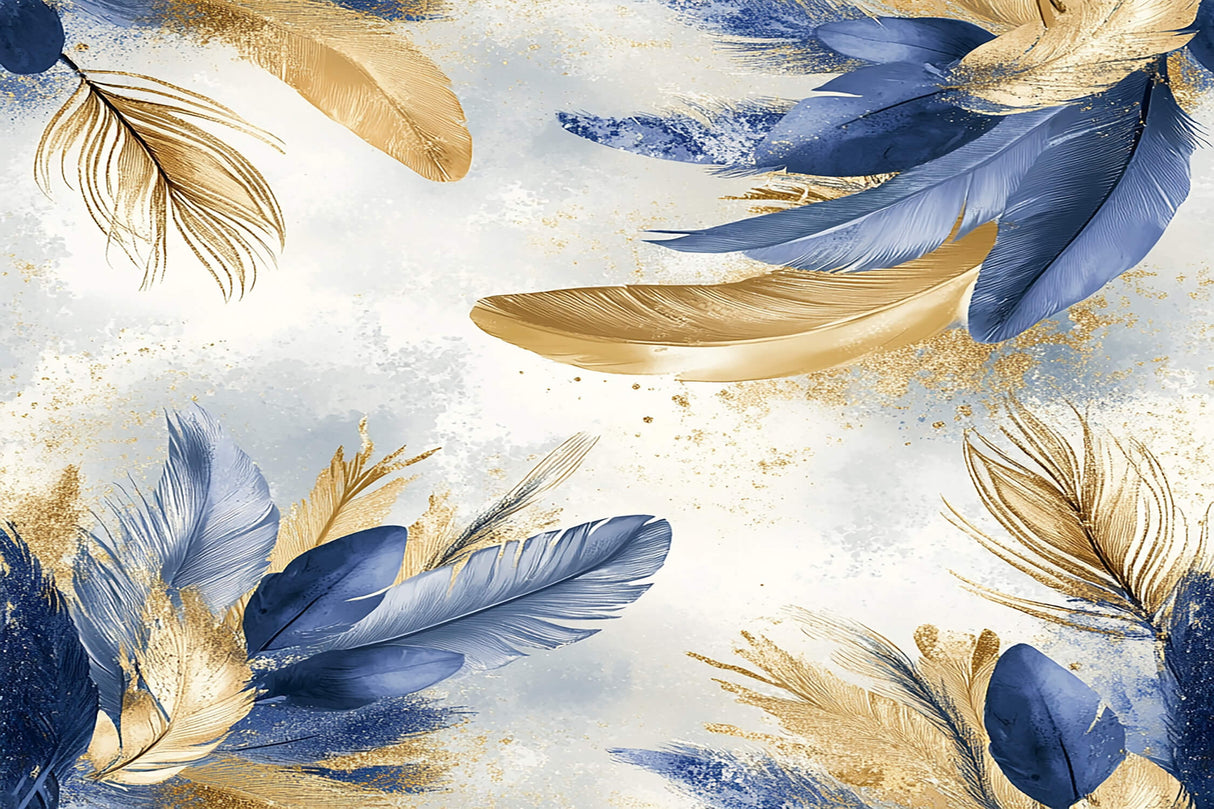 Feather wallpaper design file showing detailed navy blue and gold pattern on white background