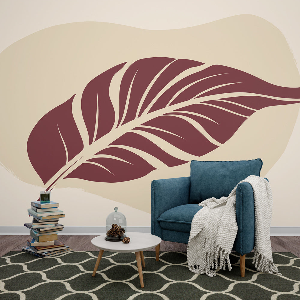 Burgundy leaf wallpaper mural creating a stunning focal point in a modern living room with natural light