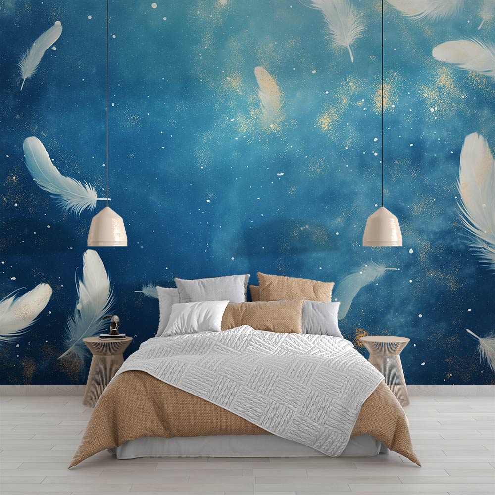 Blue feather wallpaper mural styled in a modern bedroom, creating a peaceful sleeping space with floating plume design
