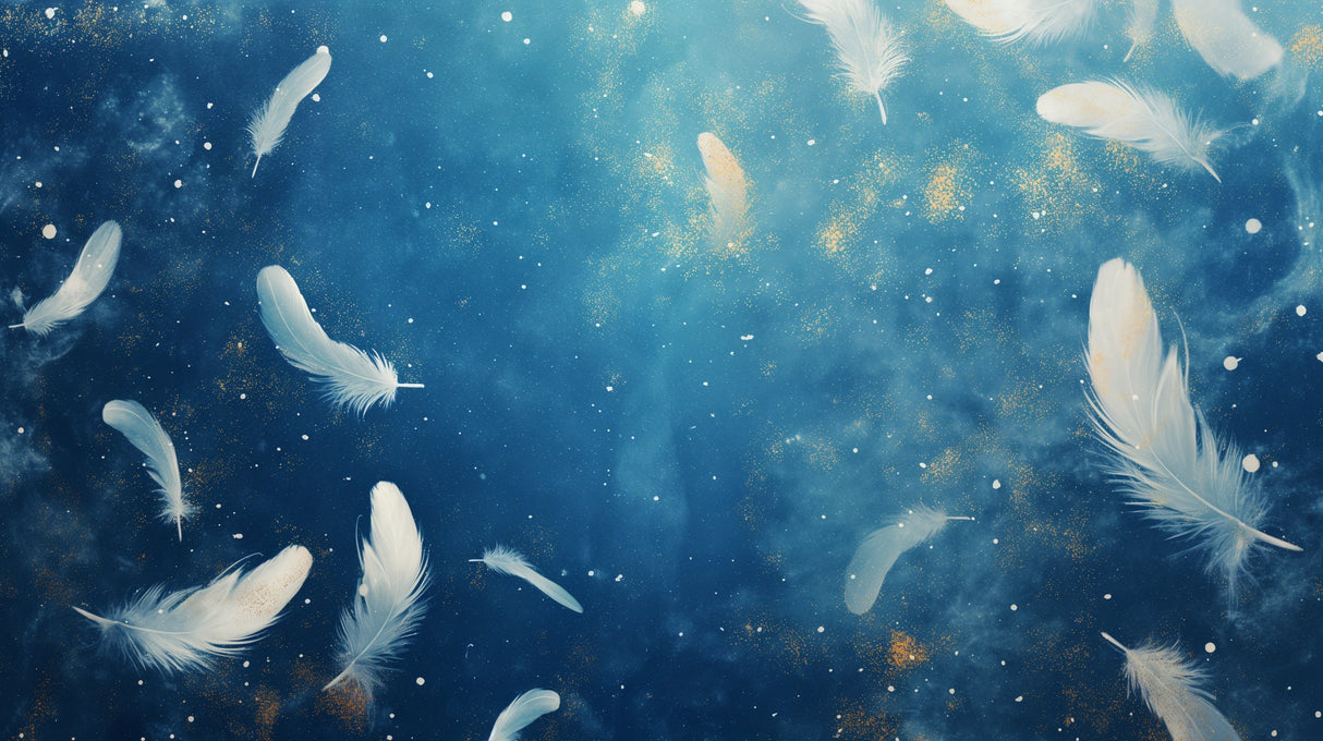 Feather wallpaper design file showing detailed blue background with floating white plumes and gold accents