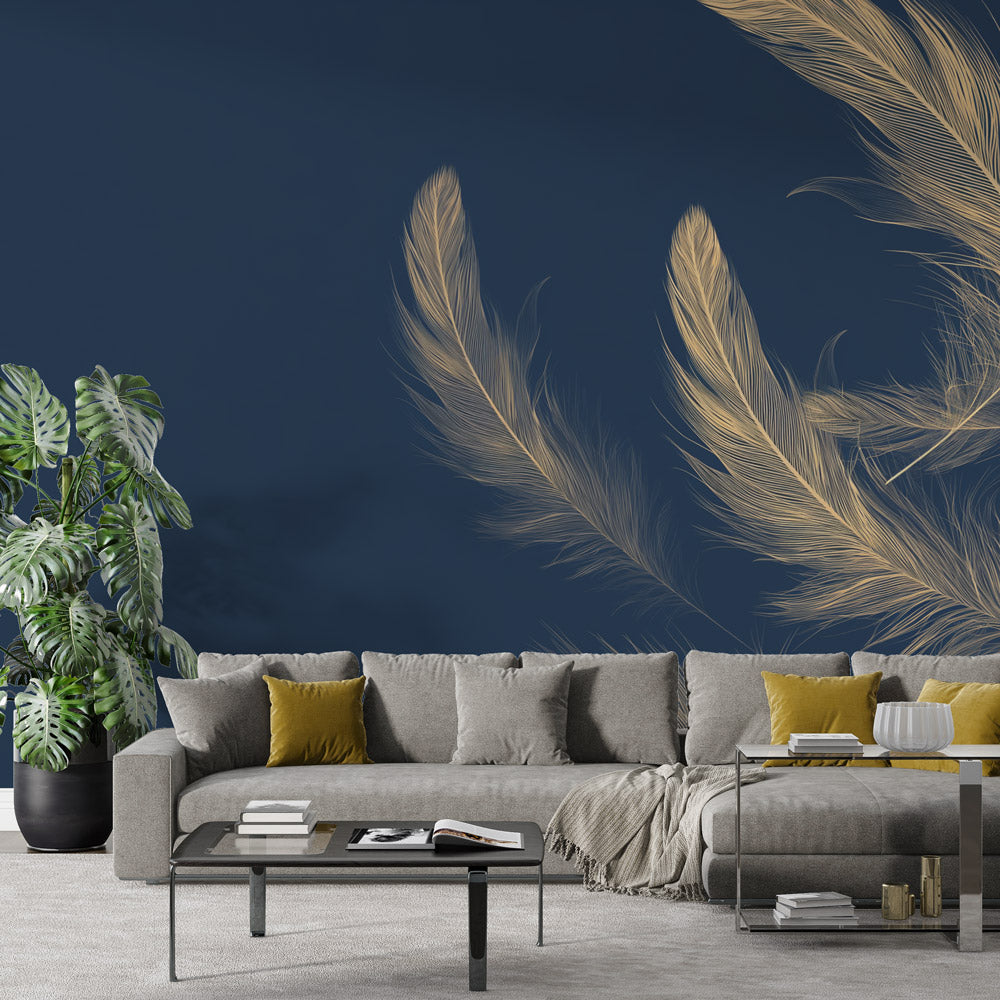 Gold Feather Wallpaper Mural displayed in a modern dining room with crystal chandelier and navy accents