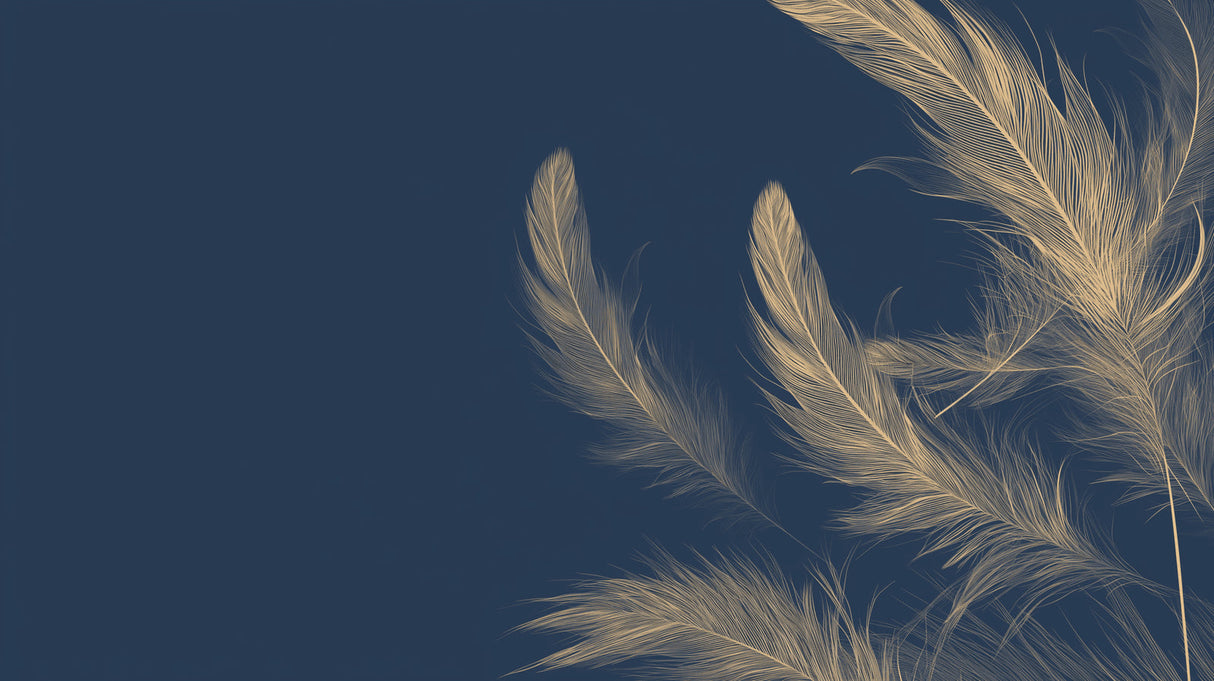 Navy and Gold Feather Wall Mural creating drama in a master bedroom with gold furniture