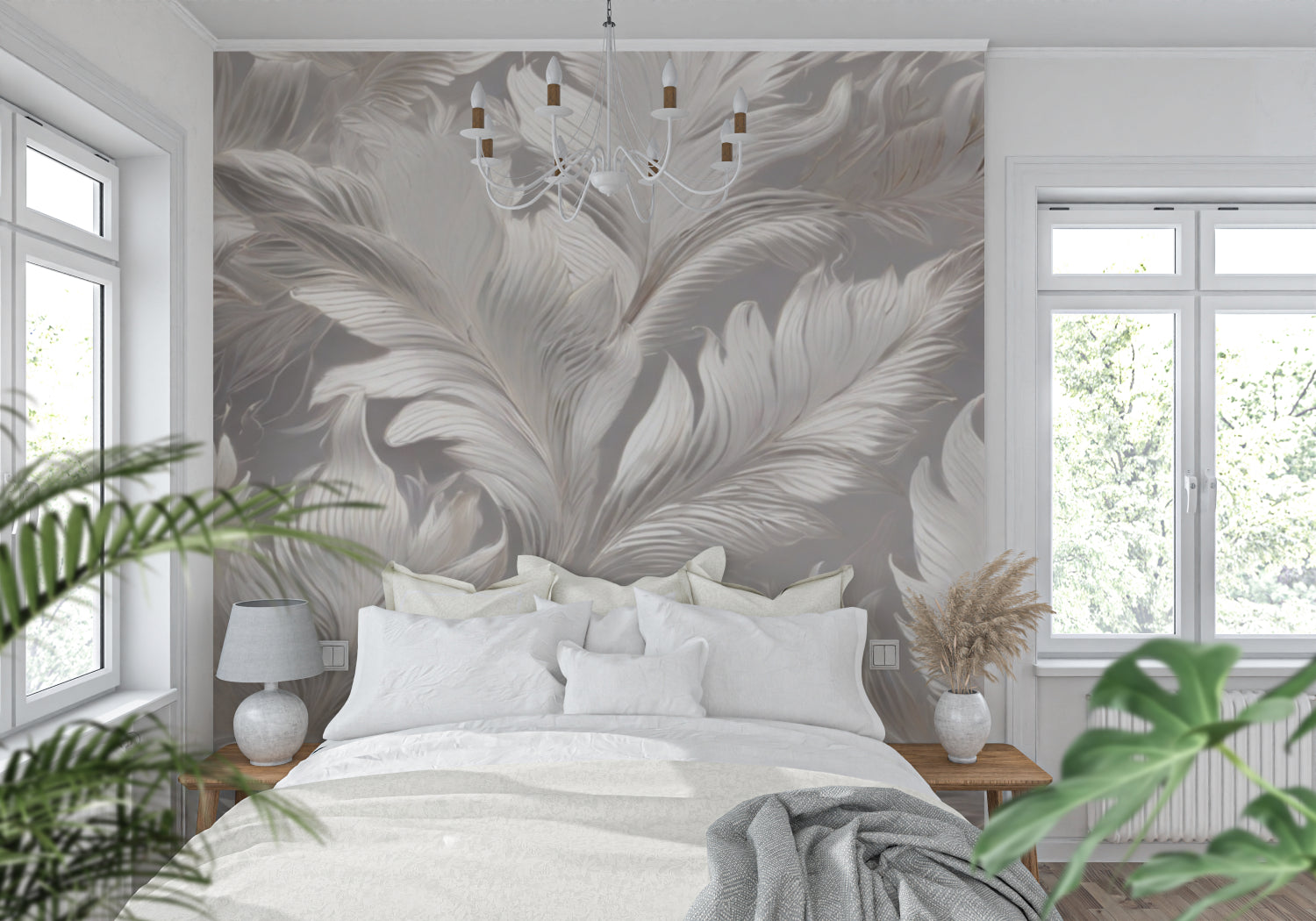 Dining room showcasing grey feather mural wallpaper in natural daylight