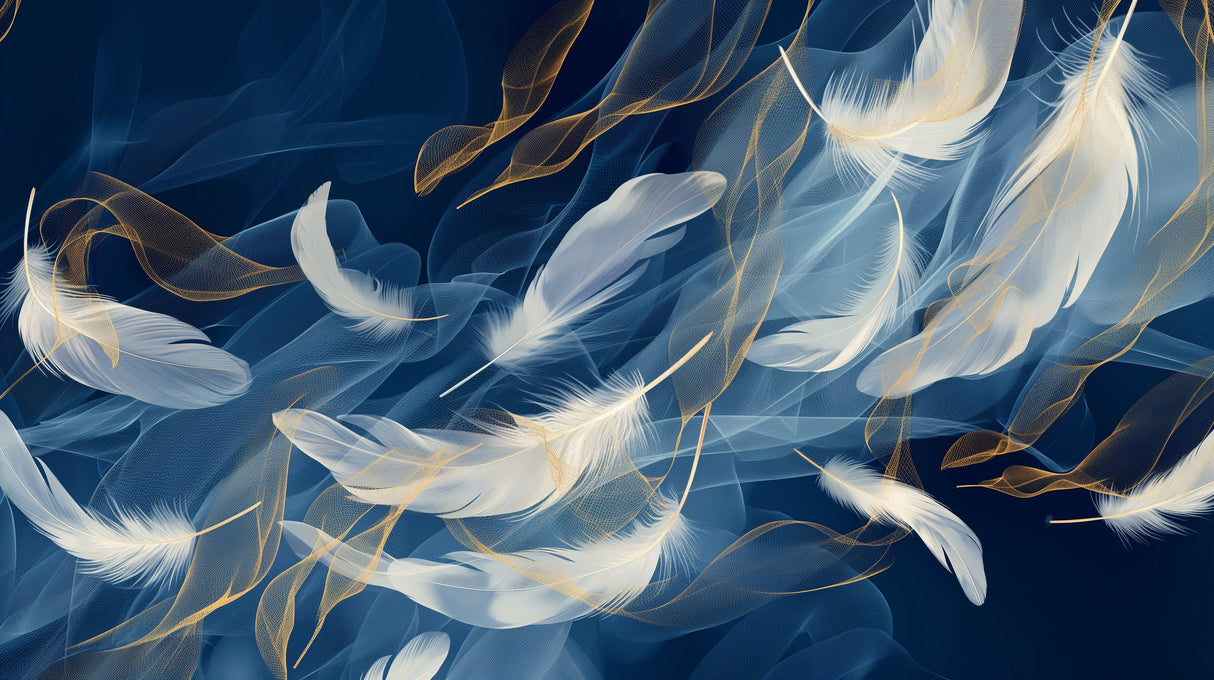 Blue and gold feather wallpaper mural creating an elegant atmosphere in a modern living room with natural lighting