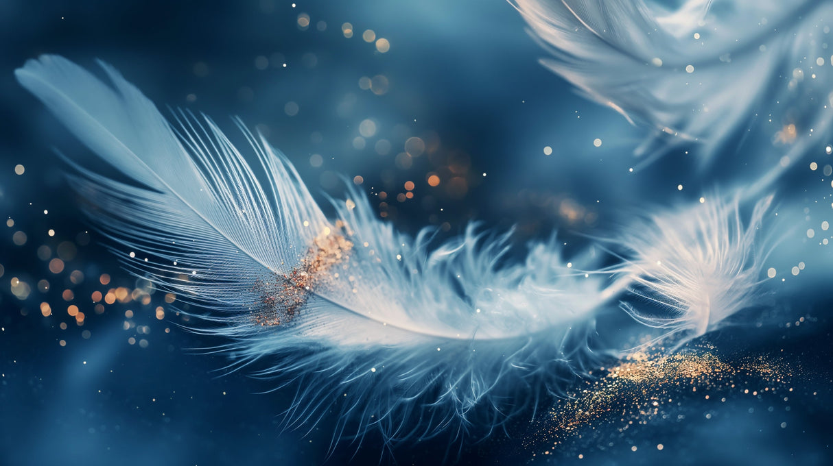 Ethereal blue and gold feather design file showing detailed pattern of floating plumes
