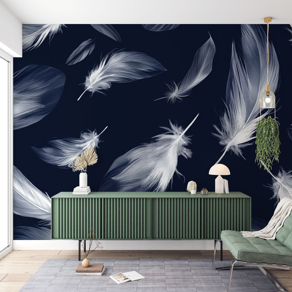 Navy and white Feather Wallpaper creating a serene atmosphere in a modern bedroom with minimal furniture