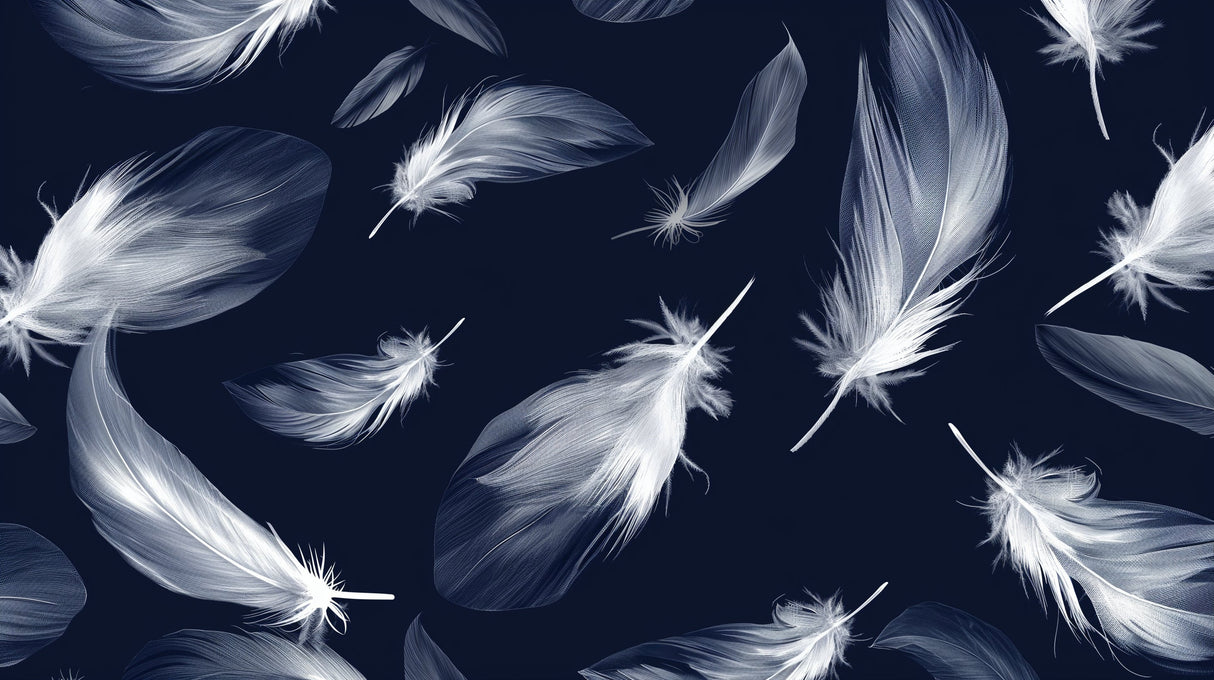Feather Wallpaper design file showing detailed white plumes on deep navy background