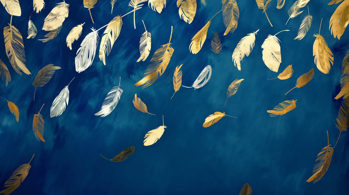 Gold and silver feather wallpaper creating an elegant backdrop in a modern living room with soft lighting