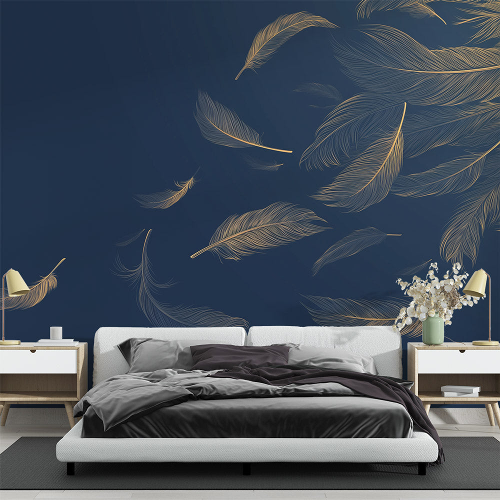 Navy blue and gold Feather Wallpaper creating an elegant atmosphere in a modern living room with soft lighting