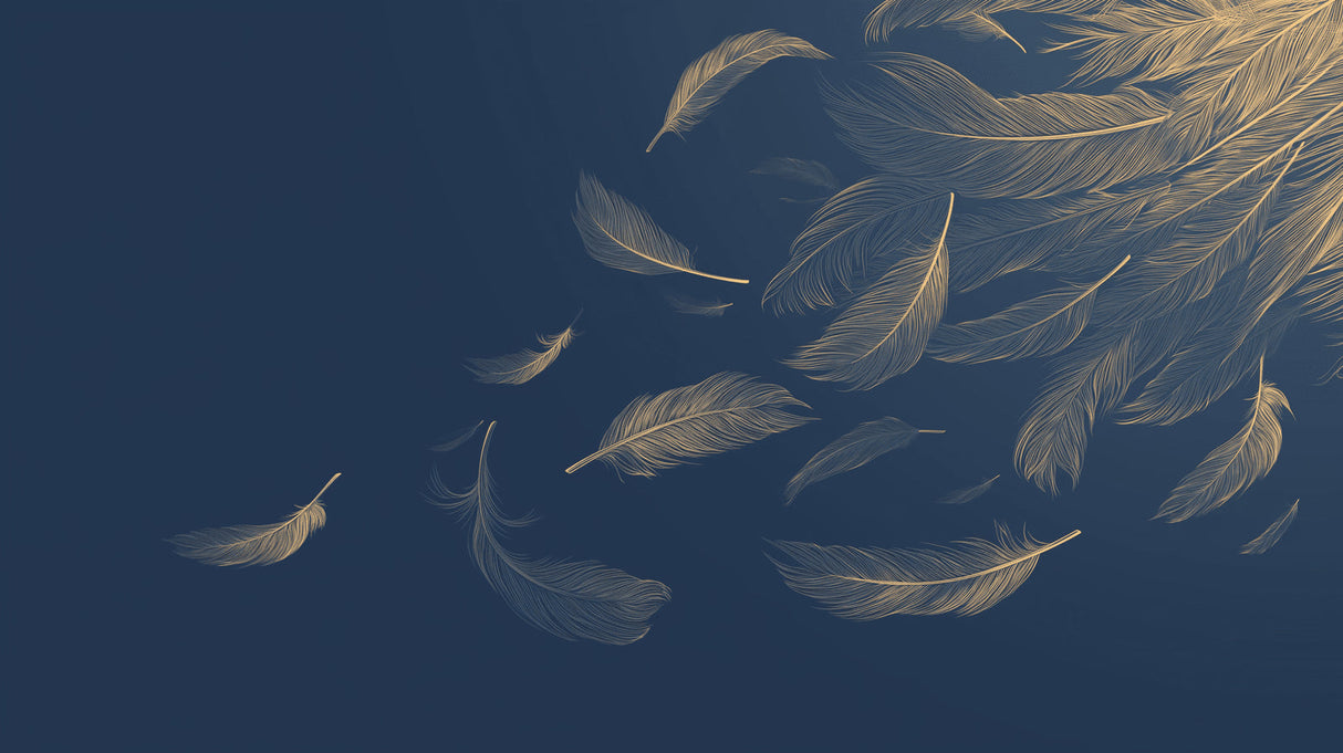 Floating feather wallpaper design showcased in a cozy bedroom with golden accents