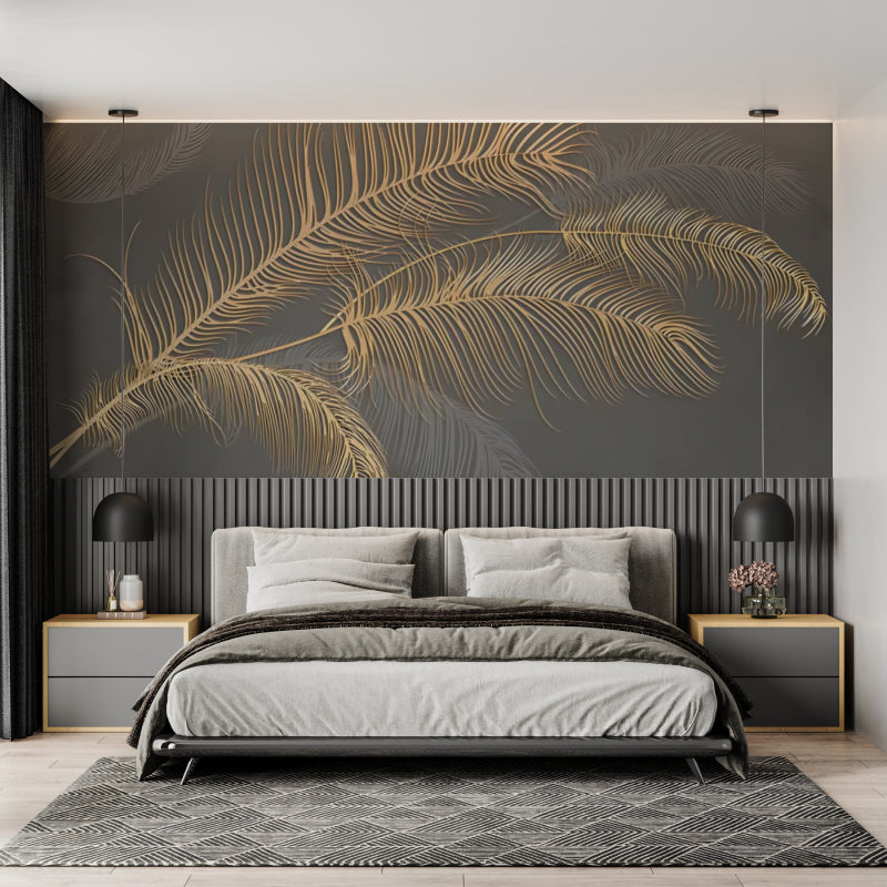 Golden palm leaves wallpaper in modern living room with grey sofa and natural light