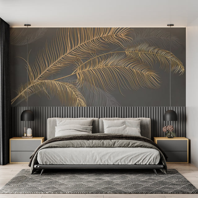 Golden palm leaves wallpaper in modern living room with grey sofa and natural light
