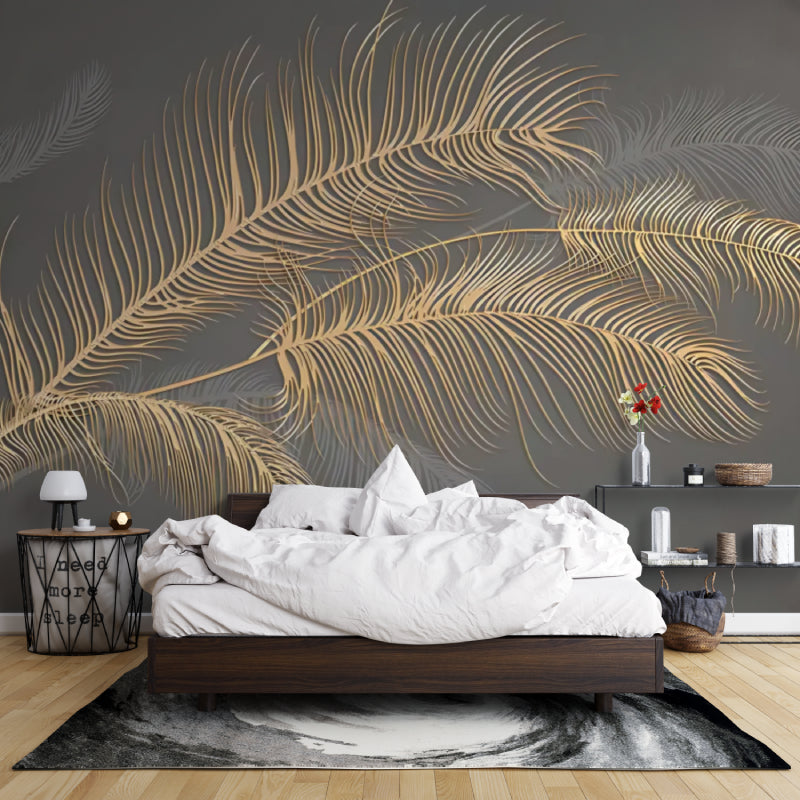 Metallic palm leaf mural in luxury master bedroom with white bedding