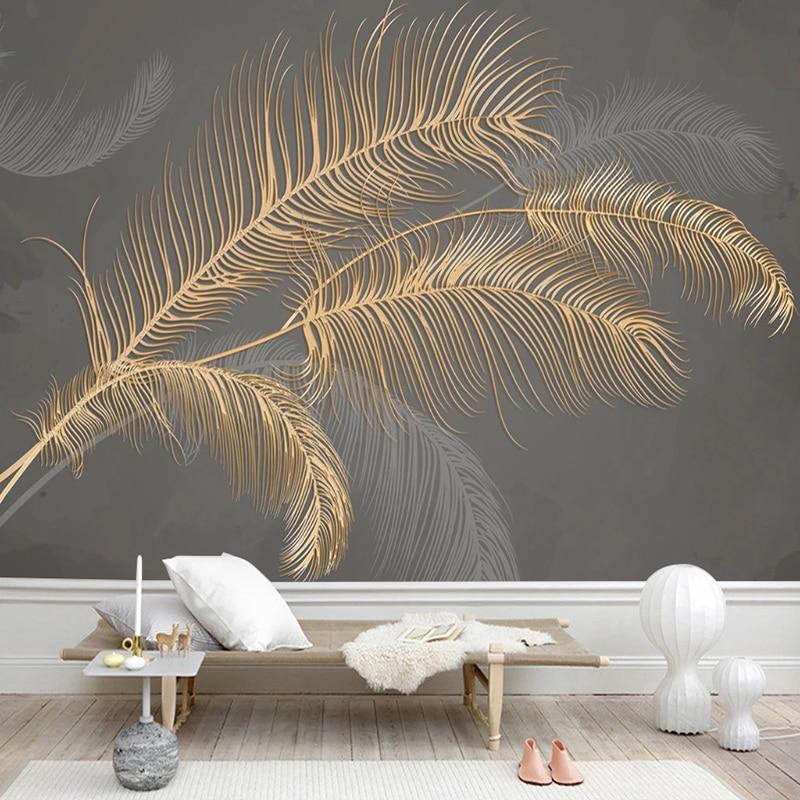 Grey and gold palm wallpaper in hallway with floor mirror