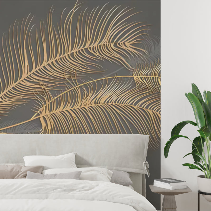 Palm frond wall mural in restaurant with ambient lighting