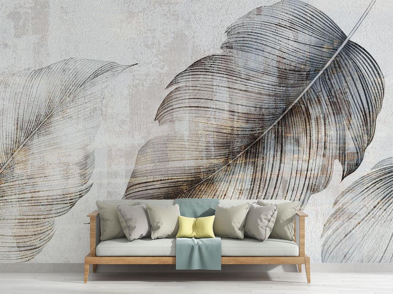 Grey Feather Wall Mural in home office showing scale and detail