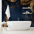 Navy and gold feather wallpaper mural creating an elegant atmosphere in a modern living room with tall windows